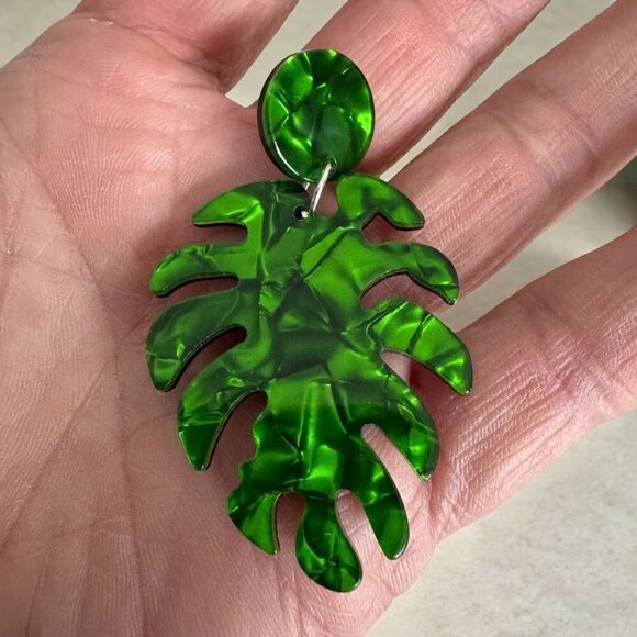 Green Palm Leaf Monsters 2” Drop Earrings - Picture 4 of 4